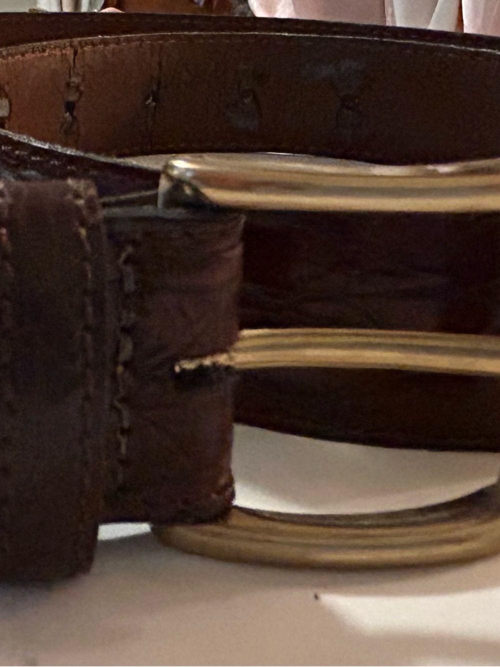 Leather Women’s Belt with Brass Double-Ring Buckle - Brown Textured